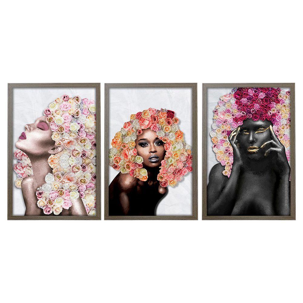 Quadros Decorativos 30x45 Mulheres Rosto Flores Rosas Kit 3 Titulos Moldura Madeira - 10