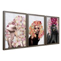 Quadros Decorativos 30x45 Mulheres Rosto Flores Rosas Kit 3 Titulos Moldura Madeira - 1