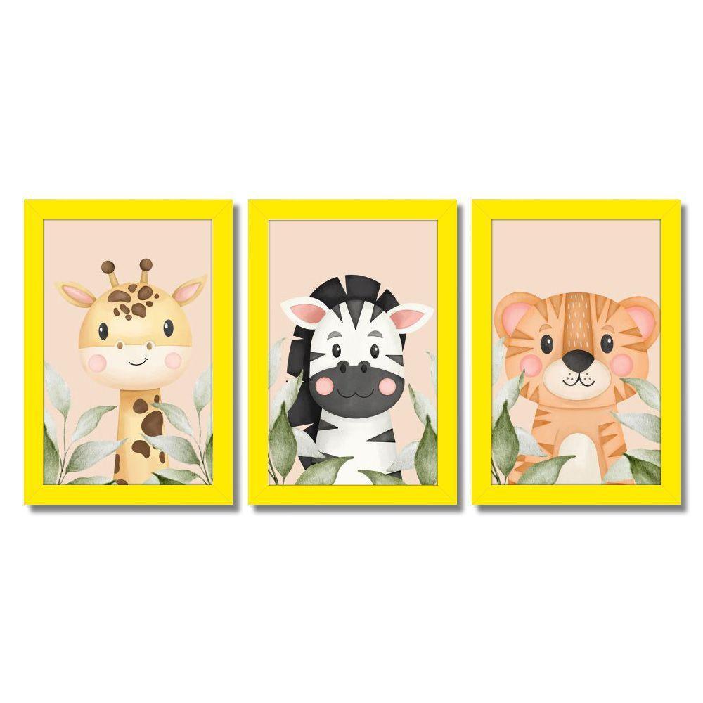 Kit Quadros Infantil Safari Aquarela 20x30 Com Vidro Titulos Moldura Amarela - 1