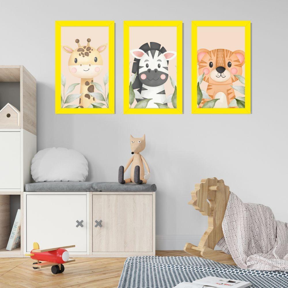 Kit Quadros Infantil Safari Aquarela 20x30 Com Vidro Titulos Moldura Amarela - 5