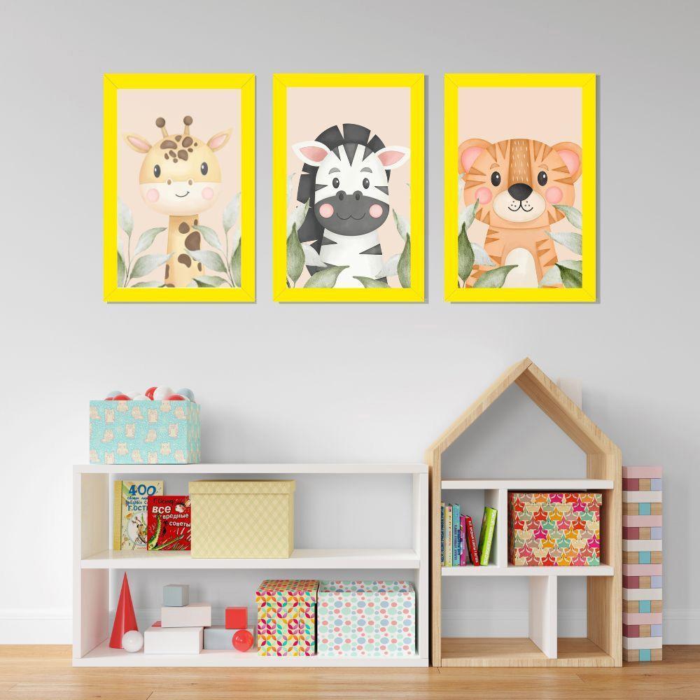 Kit Quadros Infantil Safari Aquarela 20x30 Com Vidro Titulos Moldura Amarela - 6