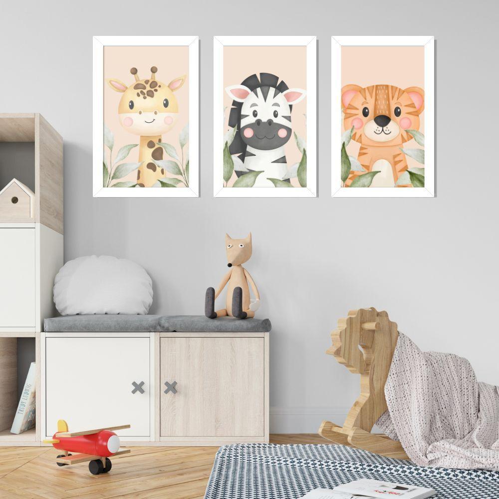 Kit Quadros Infantil Safari Aquarela 20x30 Com Vidro Titulos Moldura Branca - 8