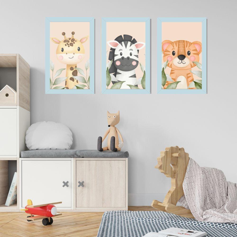 Kit Quadros Infantil Safari Aquarela 20x30 Com Vidro Titulos Moldura Azul - 5