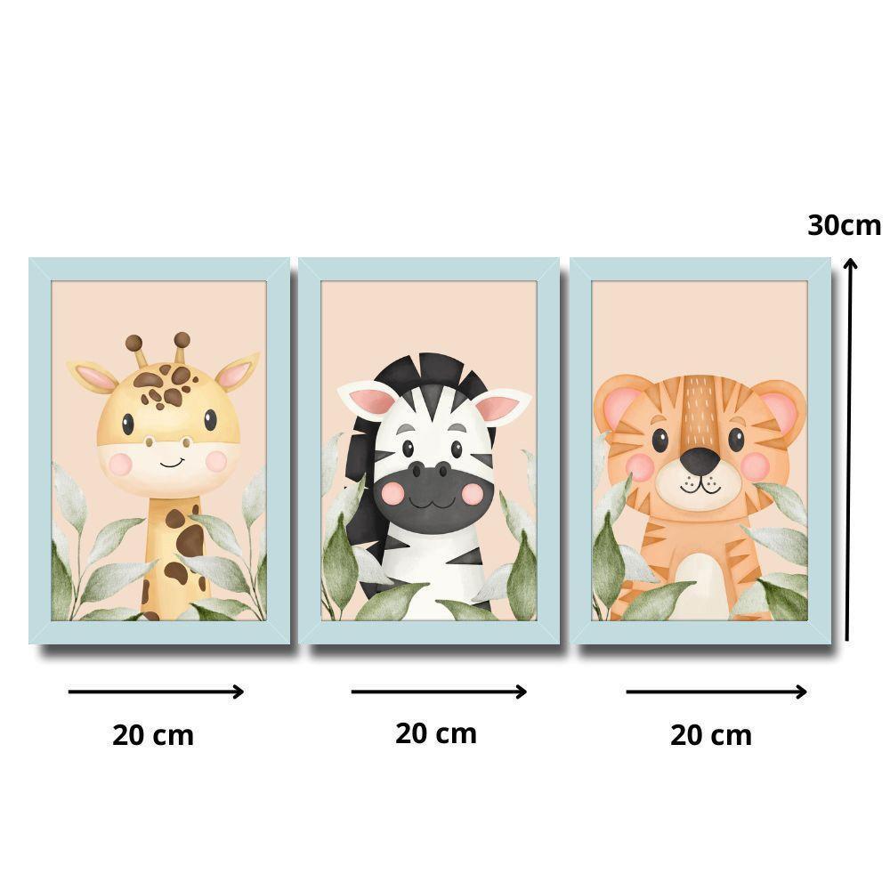 Kit Quadros Infantil Safari Aquarela 20x30 Com Vidro Titulos Moldura Azul - 7