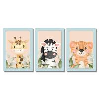 Kit Quadros Infantil Safari Aquarela 20x30 Com Vidro Titulos Moldura Azul - 1