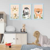 Kit Quadros Infantil Safari Aquarela 20x30 Com Vidro Titulos Moldura Azul - 5