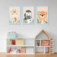 Kit Quadros Infantil Safari Aquarela 20x30 Com Vidro Titulos Moldura Azul - 6