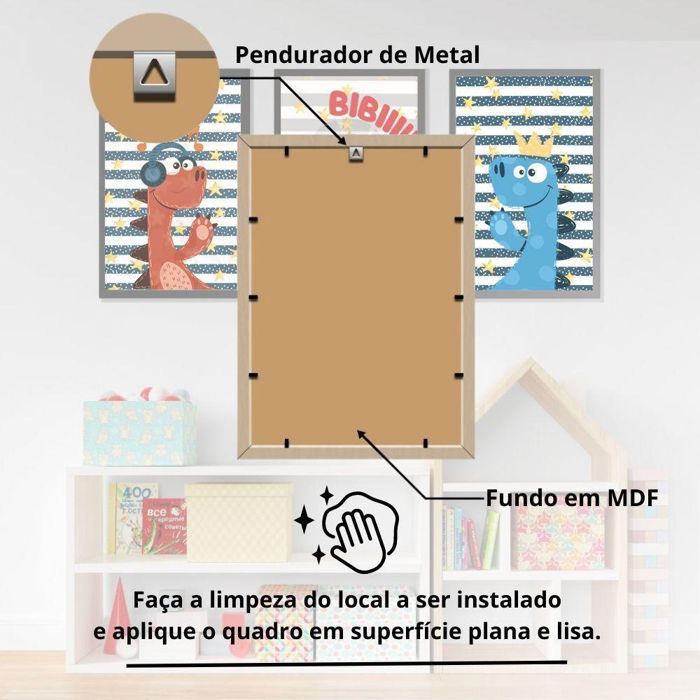 Kit Quadros Infantil Dinossauro Kids 20x30 3 Peças Titulos Moldura Azul - 2