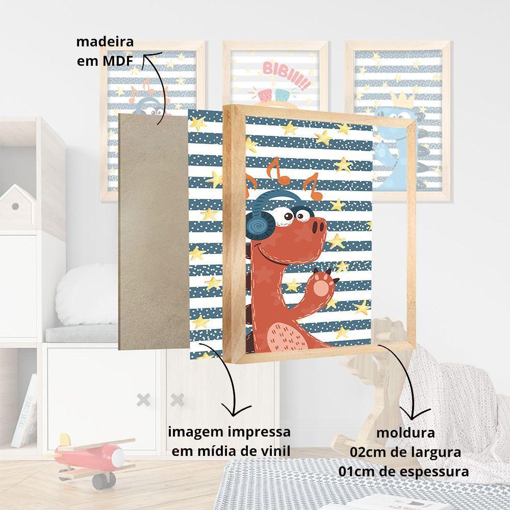Kit Quadros Infantil Dinossauro Kids 20x30 3 Peças Titulos Moldura Azul - 3
