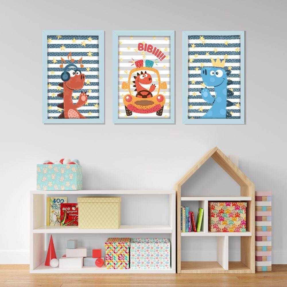 Kit Quadros Infantil Dinossauro Kids 20x30 3 Peças Titulos Moldura Azul - 5
