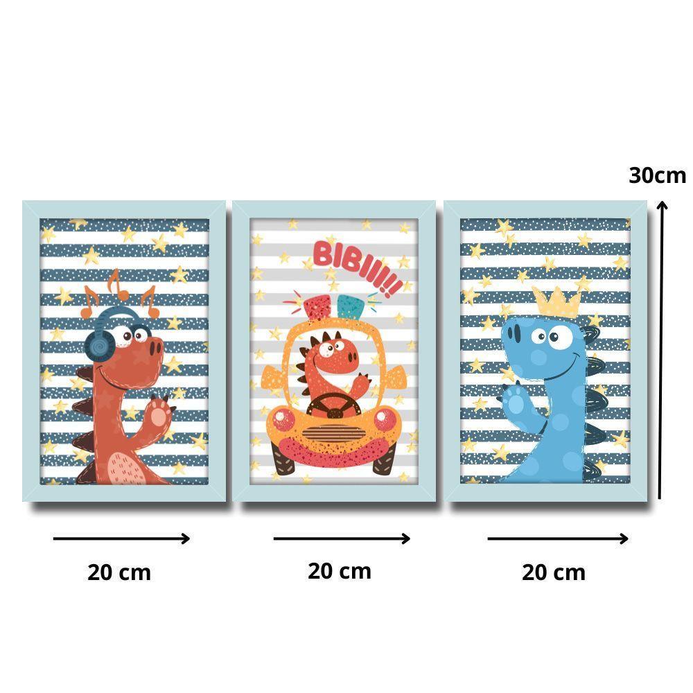 Kit Quadros Infantil Dinossauro Kids 20x30 3 Peças Titulos Moldura Azul - 6