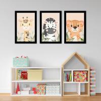 Kit Quadros Infantil Safari Aquarela 20x30 Com Vidro Titulos Moldura Preta - 6