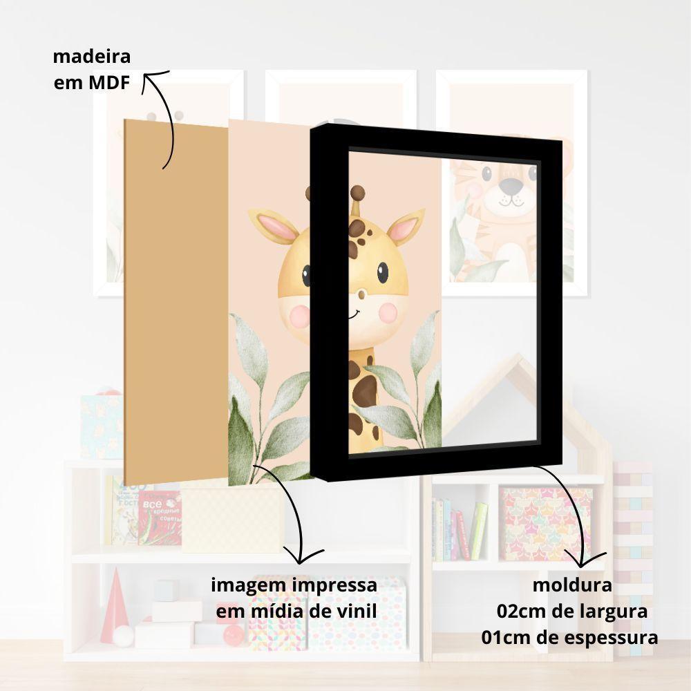 Kit Quadros Infantil Safari Aquarela 20x30 3 Peças Titulos Moldura Branca - 3