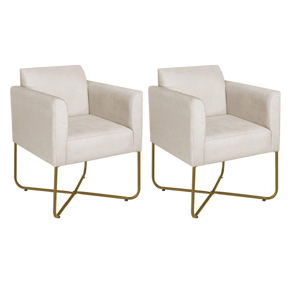 Kit 02 Poltronas Decorativas Andréia Base X Dourada Linho Cor Bege - 1