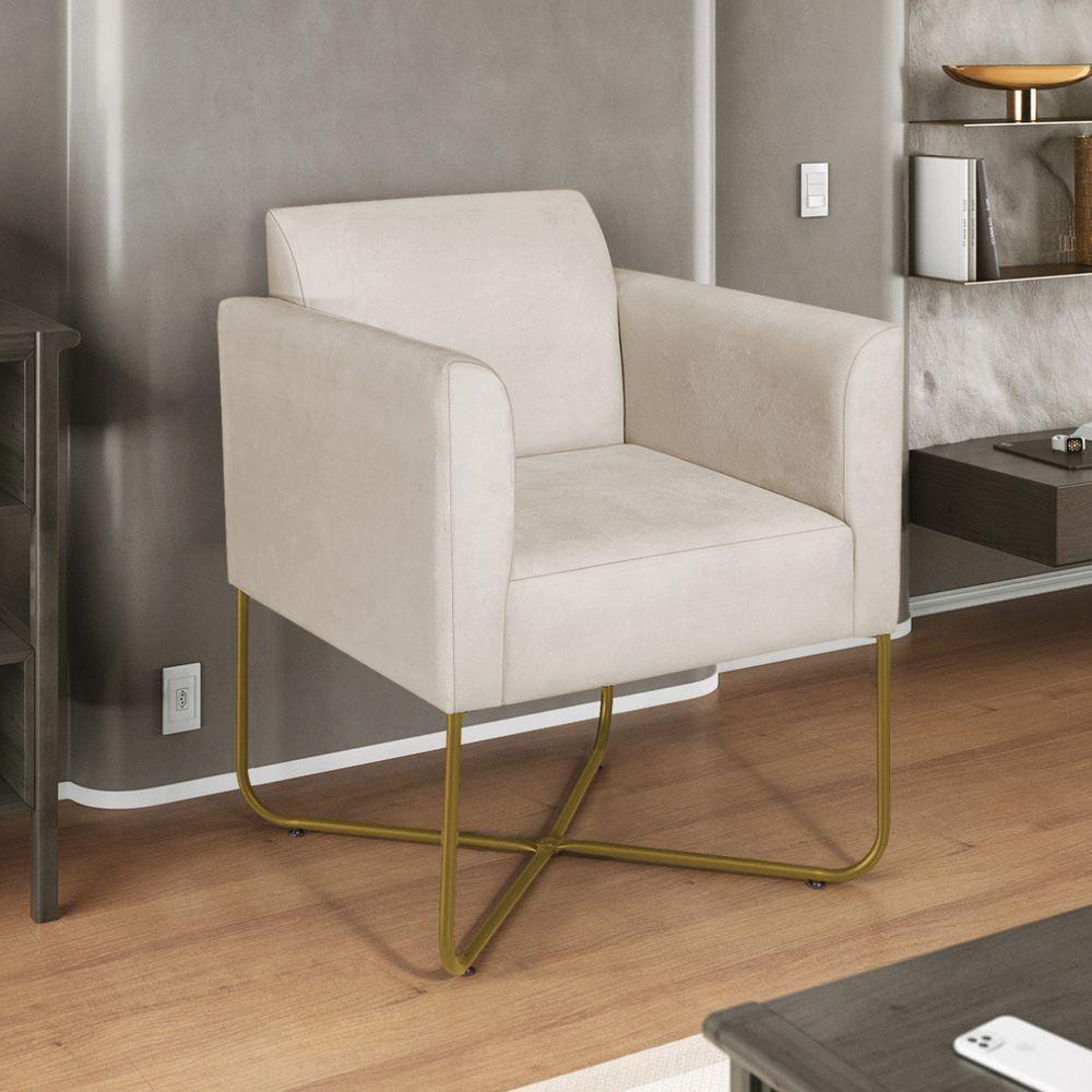 Kit 02 Poltronas Decorativas Andréia Base X Dourada Linho Cor Bege - 2