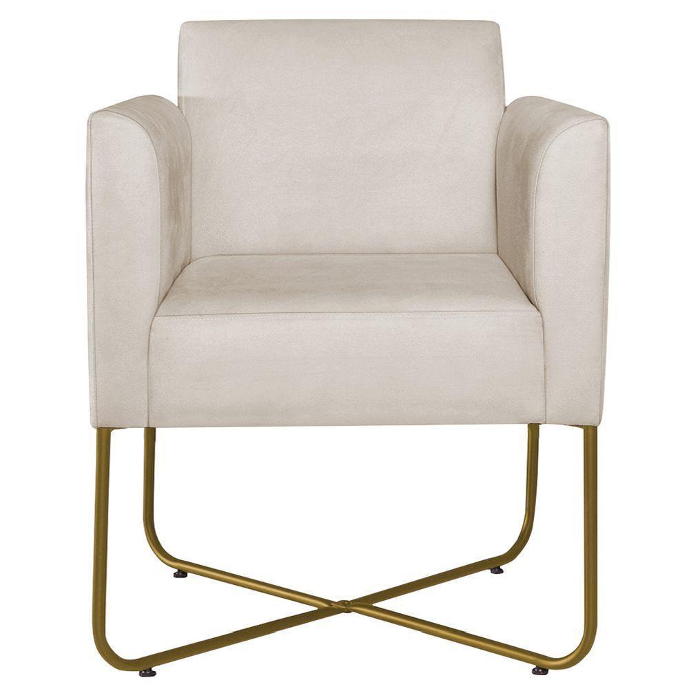 Kit 02 Poltronas Decorativas Andréia Base X Dourada Linho Cor Bege - 5