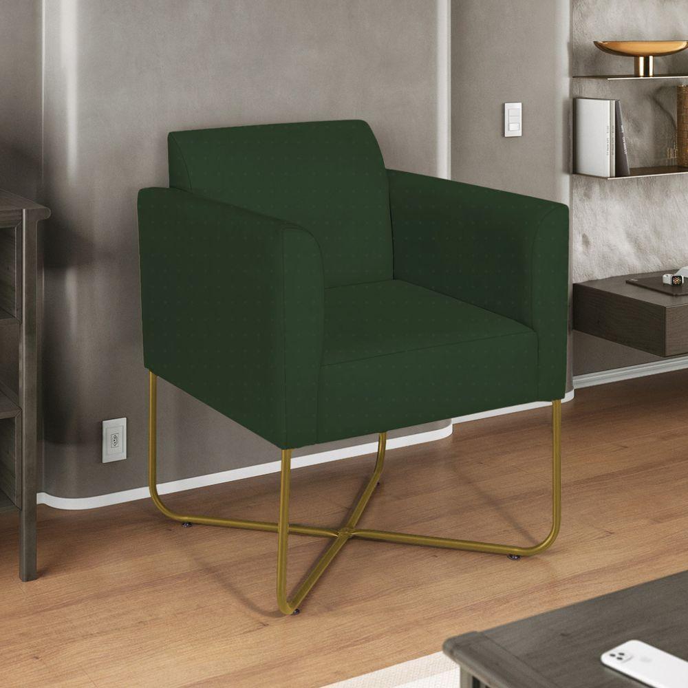 Kit 02 Poltronas Decorativas Andréia Base X Dourada Linho Cor Verde - 6