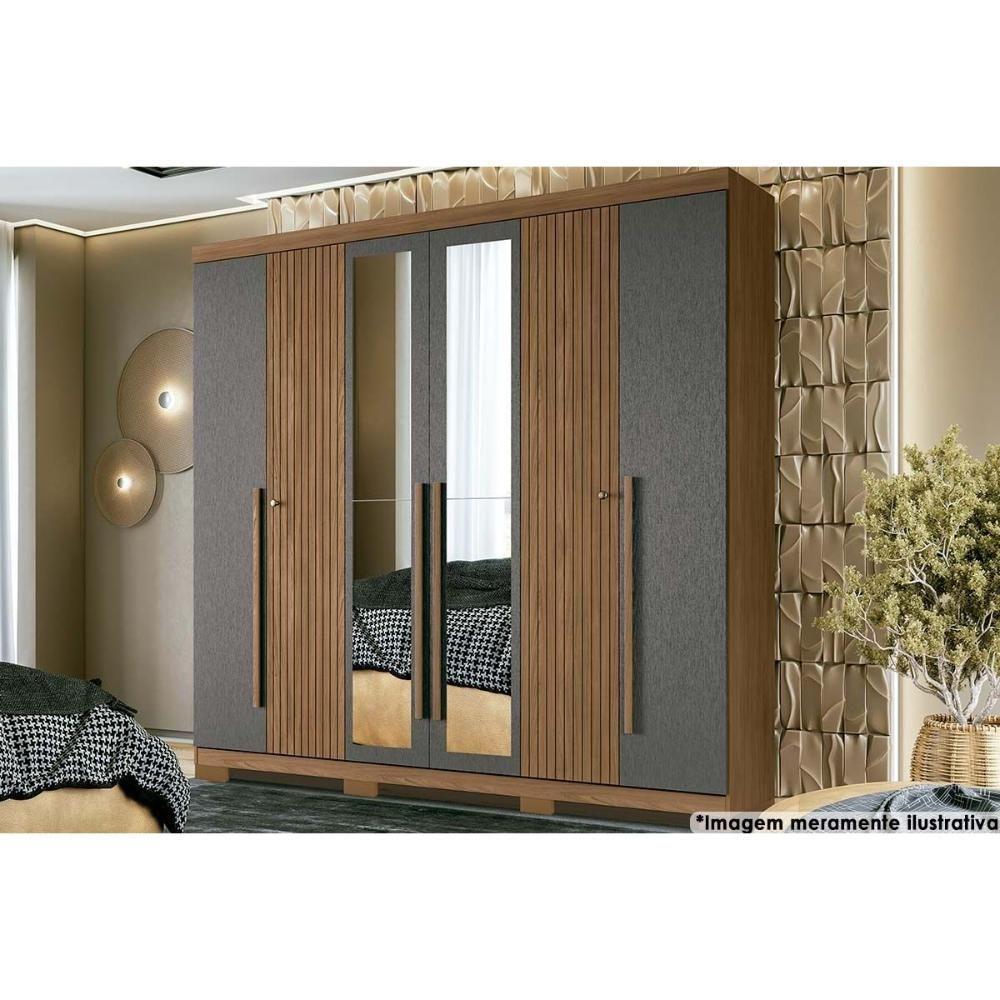 Guarda Roupa Casal 6 Portas e 4 Gavetas c/ Espelho e Pés Buriti Jatoba/Grafitte - Santos Andirá - 1