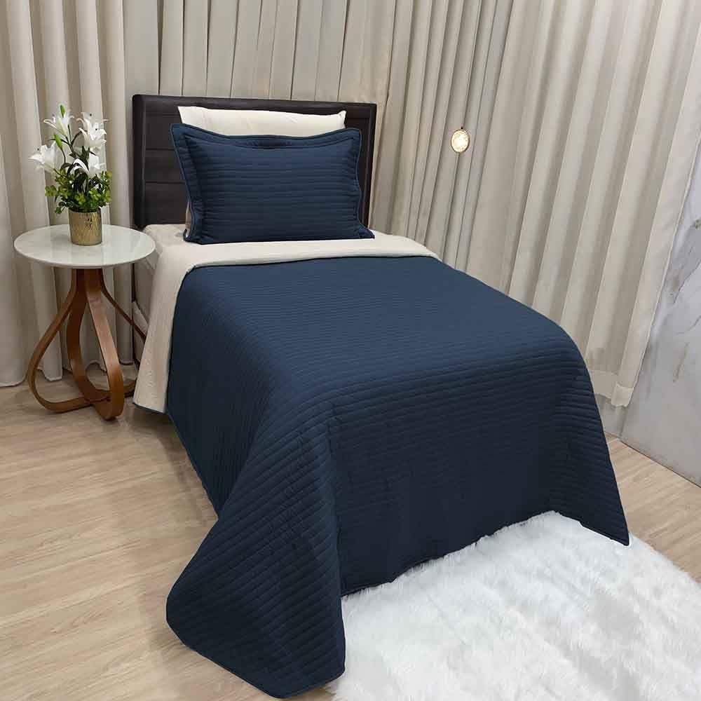 Kit Cobre Leito Colcha Celeste Solteiro 02 Peças Micropercal 200 Fios Prático Liso - Azul Marinho - 1