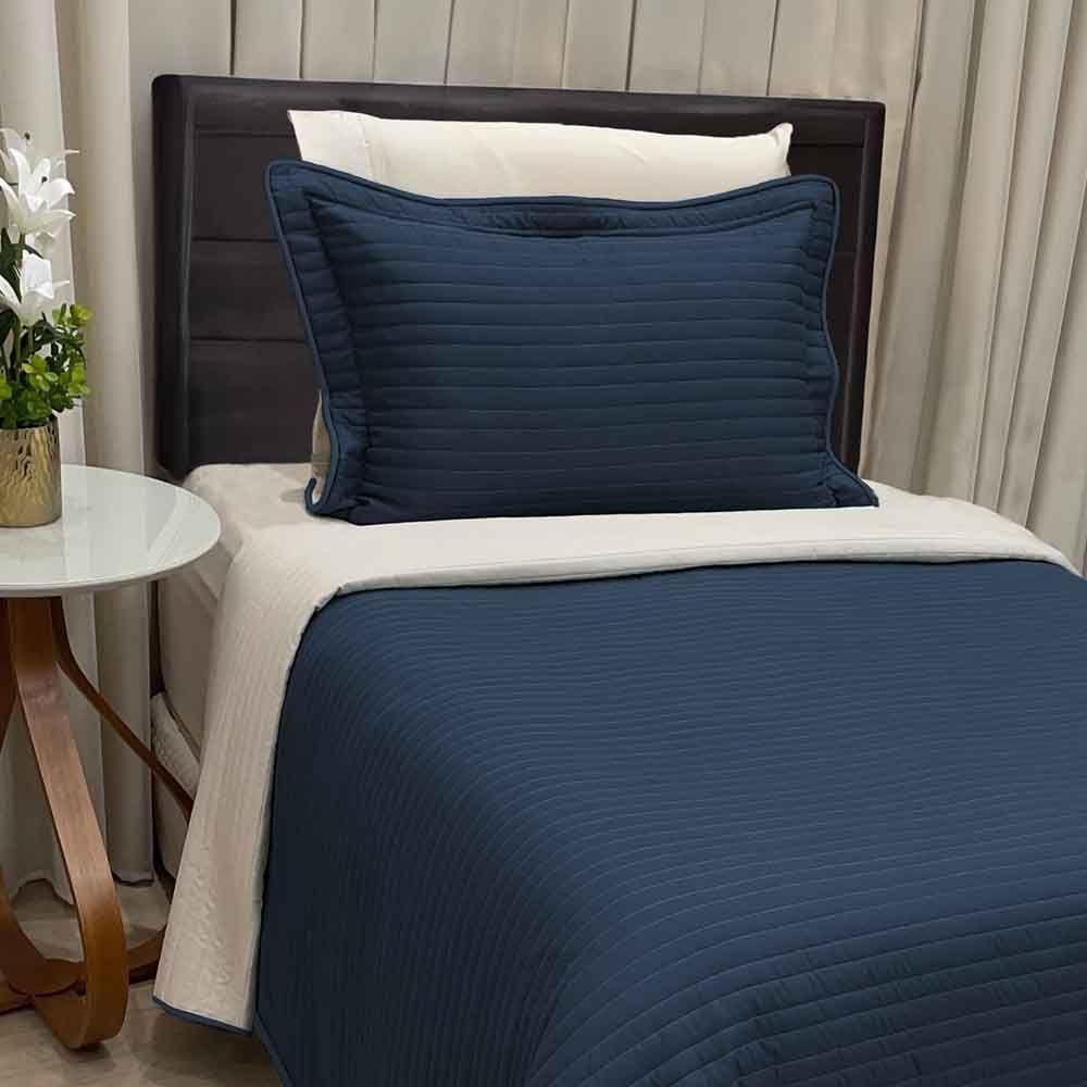 Kit Cobre Leito Colcha Celeste Solteiro 02 Peças Micropercal 200 Fios Prático Liso - Azul Marinho - 2