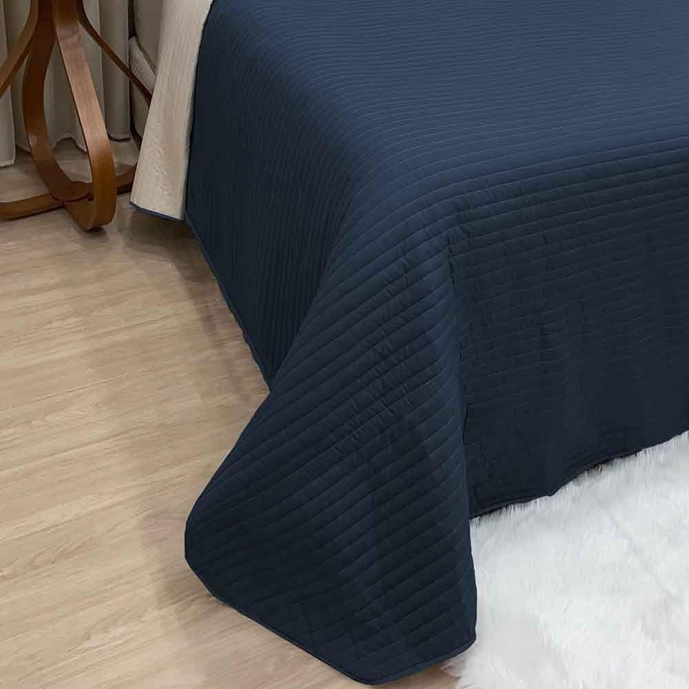 Kit Cobre Leito Colcha Celeste Solteiro 02 Peças Micropercal 200 Fios Prático Liso - Azul Marinho - 3