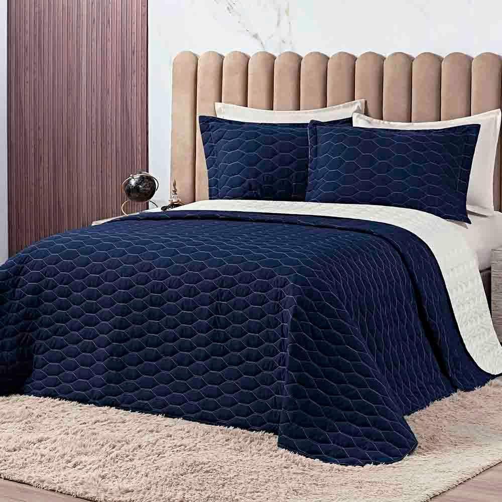 Kit Cobre Leito Colcha Jade King 03 Peças Micropercal 200 Fios Matelado Clean - Azul Marinho - 1