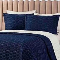 Kit Cobre Leito Colcha Jade King 03 Peças Micropercal 200 Fios Matelado Clean - Azul Marinho