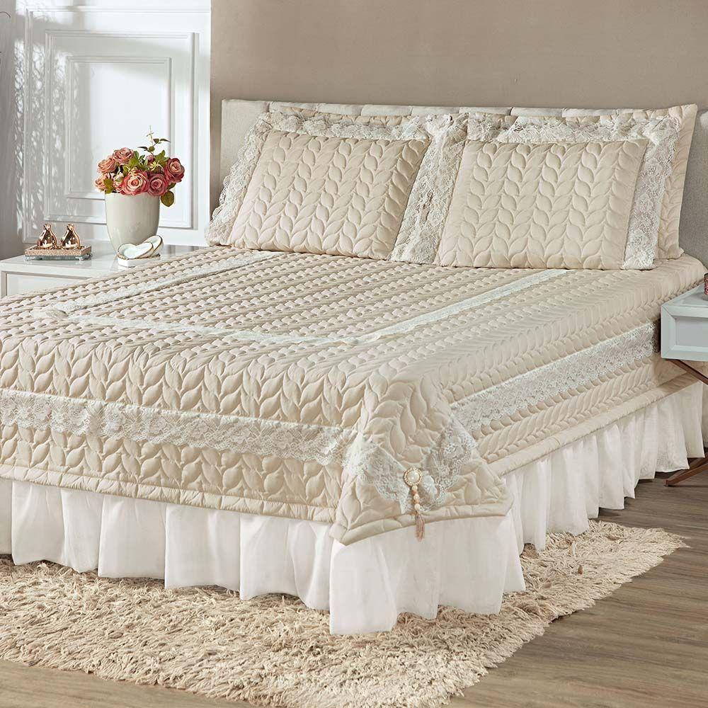Kit Cobre Leito Colcha Romance King 5 Peças Micropercal 200 Fios Matelado Costurado Renda - Palha - 1