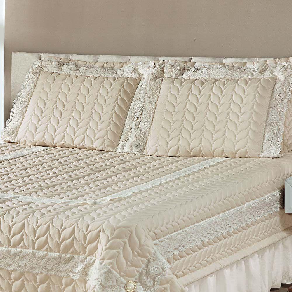 Kit Cobre Leito Colcha Romance King 5 Peças Micropercal 200 Fios Matelado Costurado Renda - Palha - 3