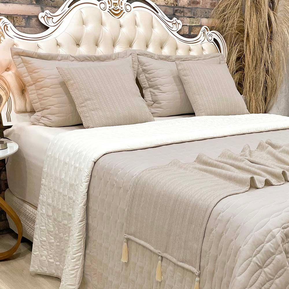 Kit Cobre Leito Colcha Dubai Queen 08 Peças Dupla Face Micropercal 200 Fios Xale Pompom Clean - Bege - 2