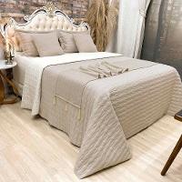 Kit Cobre Leito Colcha Dubai Queen 08 Peças Dupla Face Micropercal 200 Fios Xale Pompom Clean - Bege - 1