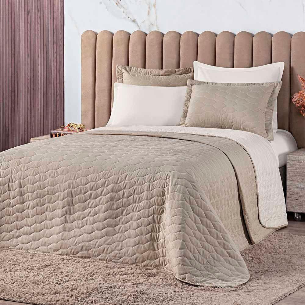 Kit Cobre Leito Colcha Jade Queen 03 Peças Dupla Face Micropercal 200 Fios Matelado Clean - Cáqui - 1