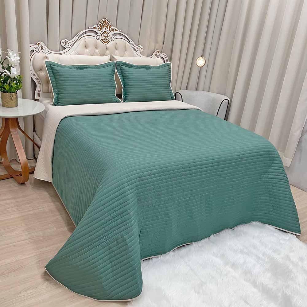 Kit Cobre Leito Colcha Celeste Queen 03 Peças Micropercal 200 Fios Prático Liso - Verde Esmeralda - 1