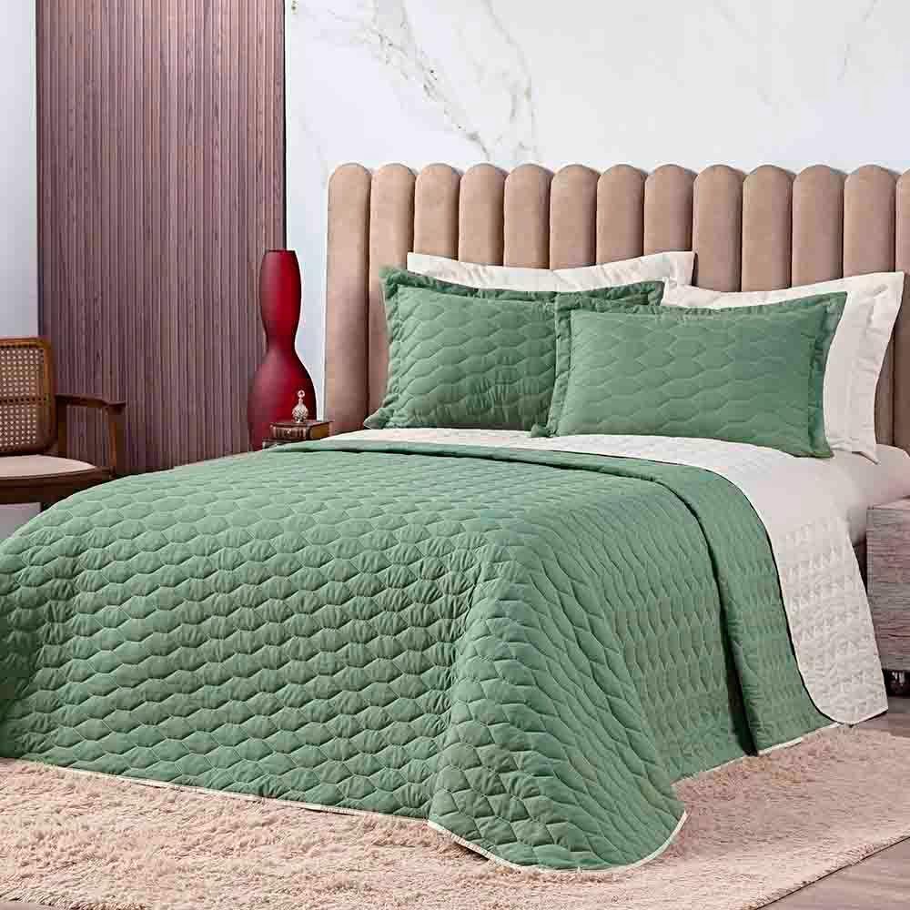 Kit Cobre Leito Colcha Jade Queen 03 Peças Dupla Face Micropercal 200 Fios Matelado Clean - Verde - 1