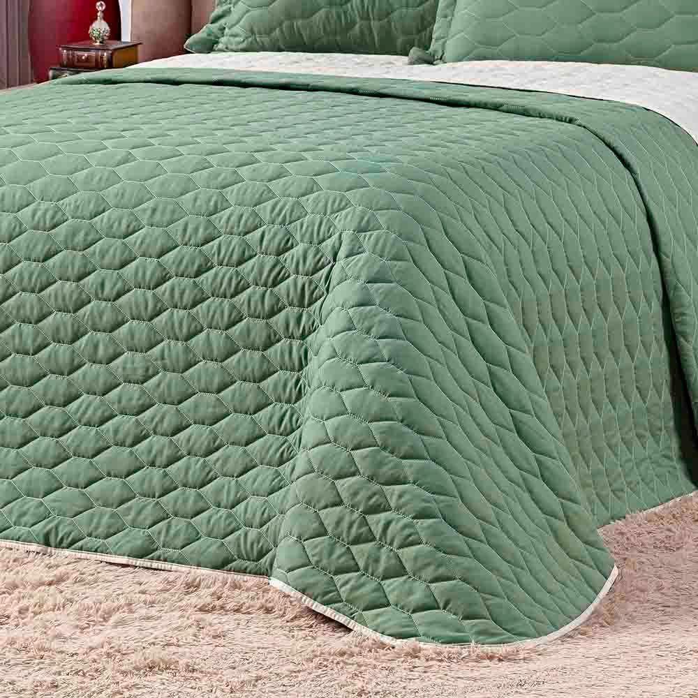 Kit Cobre Leito Colcha Jade King 03 Peças Dupla Face Micropercal 200 Fios Matelado Clean - Verde - 3