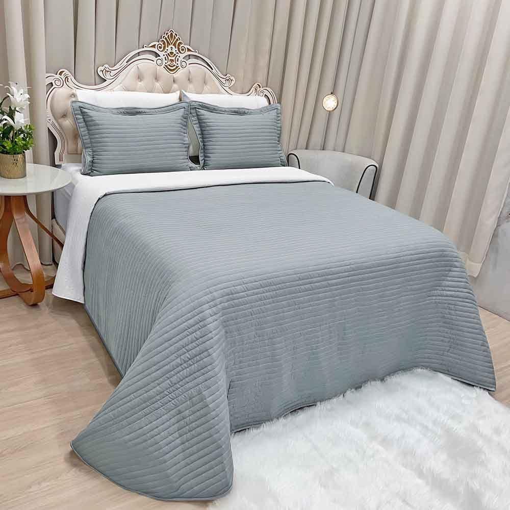Kit Cobre Leito Colcha Celeste Queen 03 Peças Dupla Face Micropercal 200 Fios Prático Liso - Cinza - 1