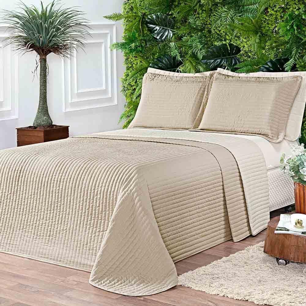 Kit Cobre Leito Colcha Celeste Queen 03 Peças Dupla Face Micropercal 200 Fios Prático Liso - Bege - 1