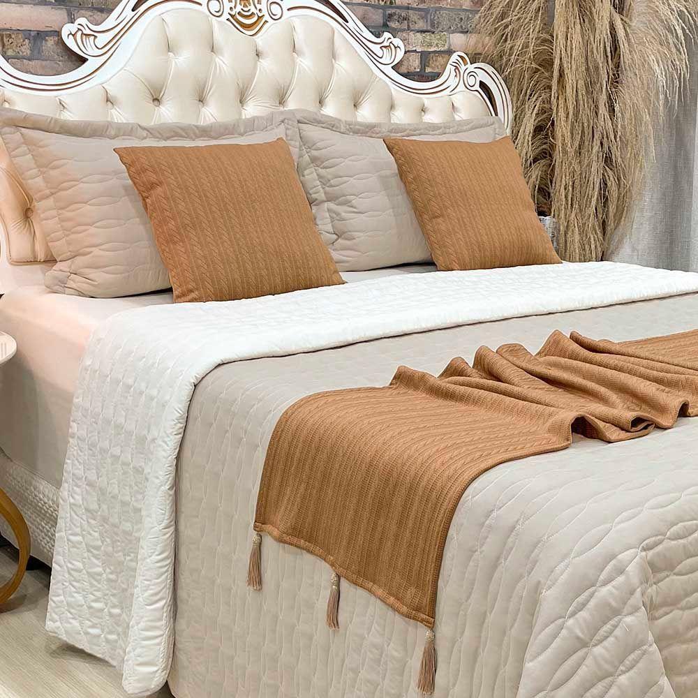 Kit Cobre Leito Colcha Dubai Queen 08 Peças Micropercal 200 Fios Xale Pompom Clean - Caramelo Bege - 3