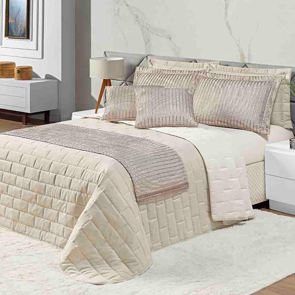 Kit Cobre Leito Colcha Luxo King 10 Peças Micropercal 200 Fios Dupla Face Xale Brilhante - Bege - 1