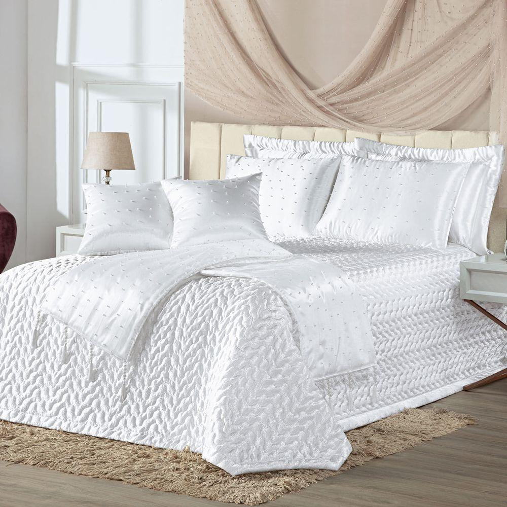 Kit Cobre Leito Colcha Vivian Queen 10 Peças Cetim Amassado Premium Xale Tule Pérolas - Branco - 1