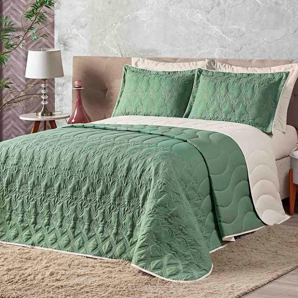 Kit Cobre Leito Colcha Monique Queen 5 Peças Micropercal 200 Fios Bordado Floral - Verde Esmeralda - 1