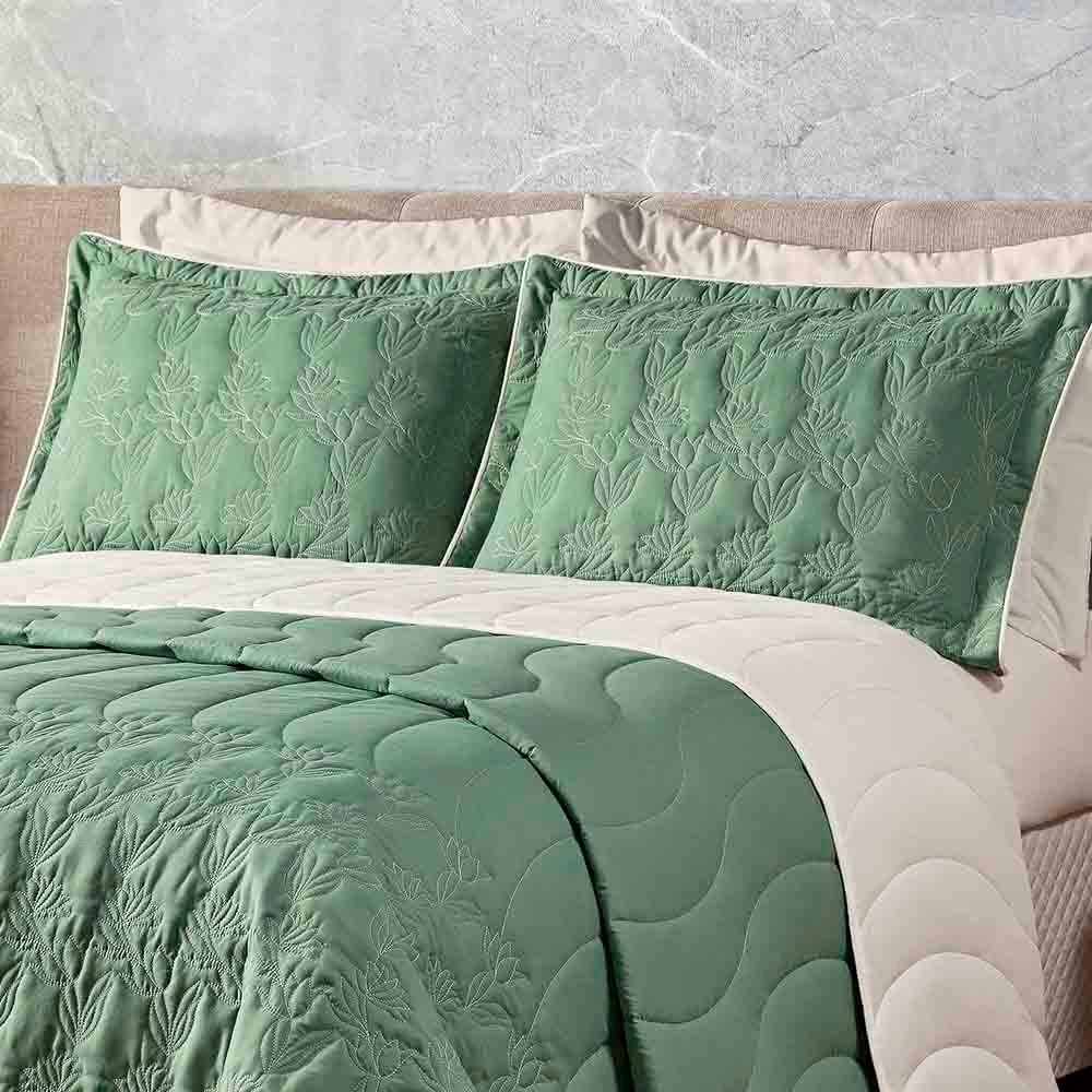 Kit Cobre Leito Colcha Monique Queen 5 Peças Micropercal 200 Fios Bordado Floral - Verde Esmeralda - 2