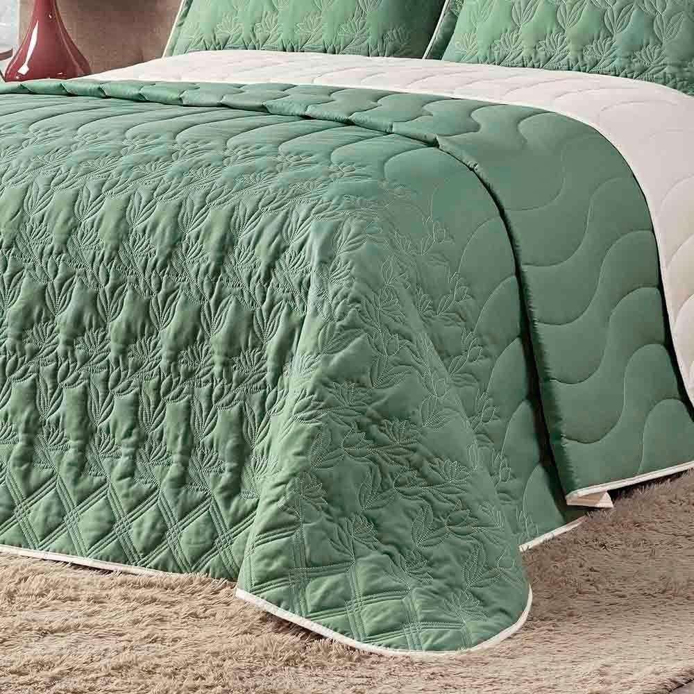 Kit Cobre Leito Colcha Monique Queen 5 Peças Micropercal 200 Fios Bordado Floral - Verde Esmeralda - 3