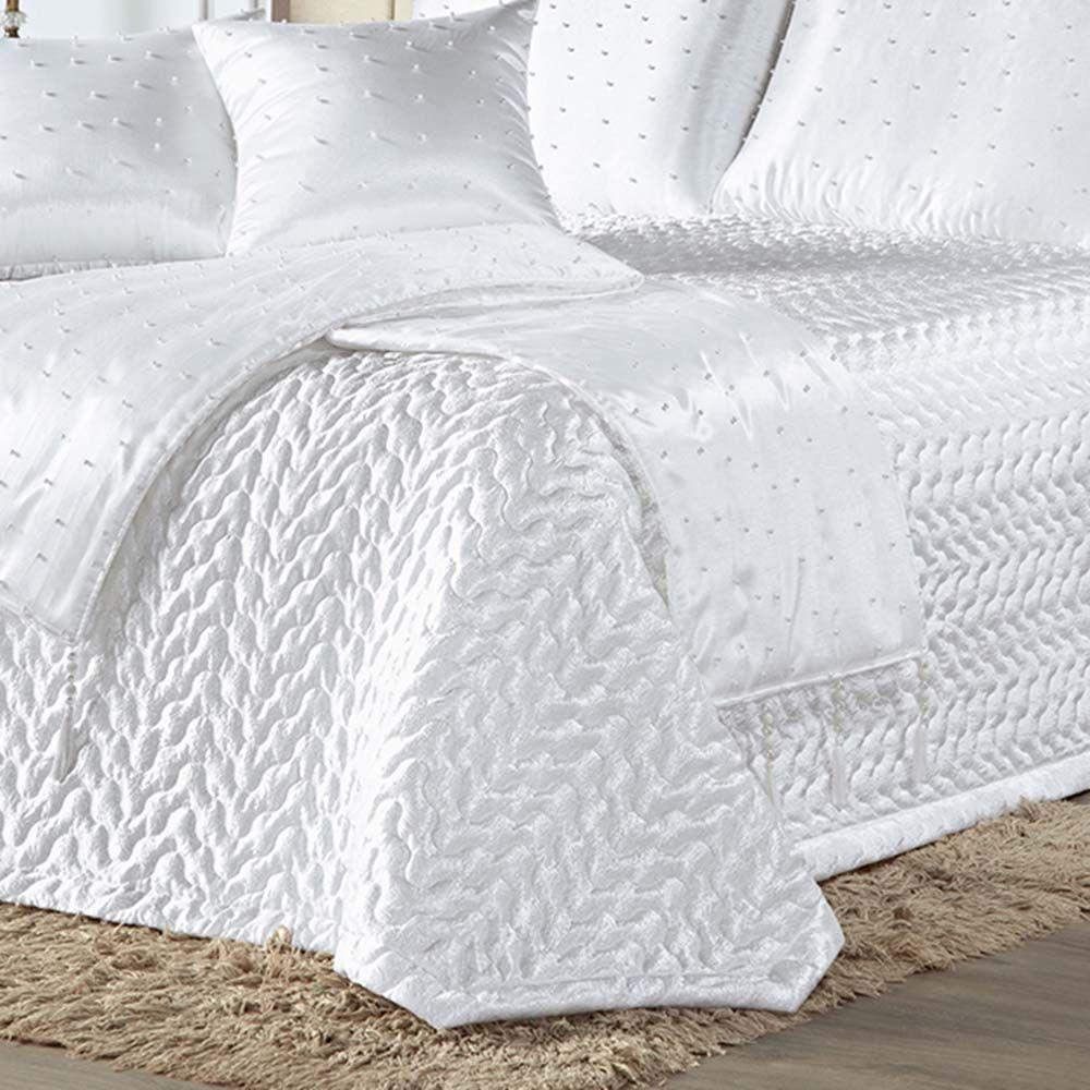 Kit Cobre Leito Colcha Vivian King 10 Peças Cetim Amassado Premium Xale Tule Pérolas - Branco - 3