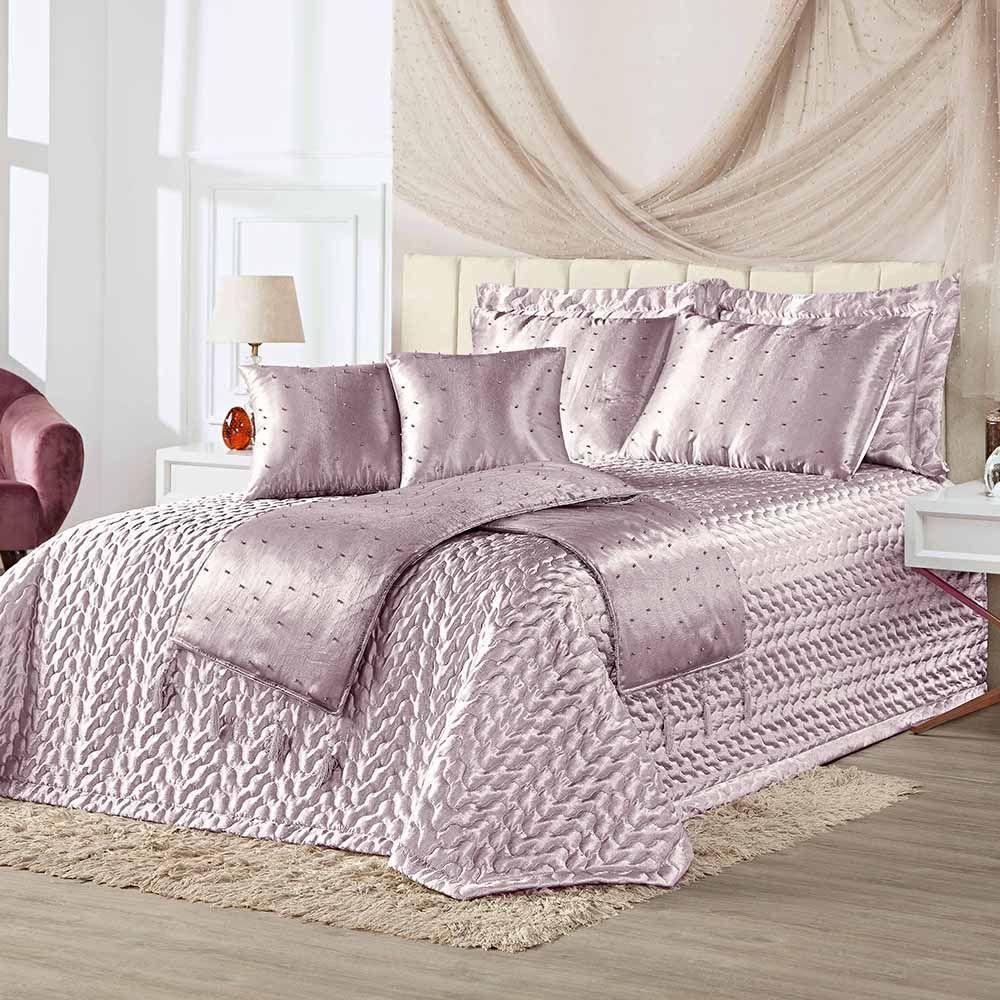Kit Cobre Leito Colcha Vivian King 10 Peças Cetim Amassado Premium Xale Tule Pérolas - Rose - 1
