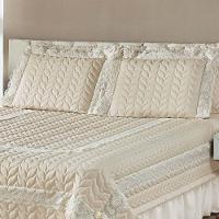 Kit Cobre Leito Colcha Romance Queen 5 Peças Micropercal 200 Fios Matelado Costurado Renda - Palha - 3