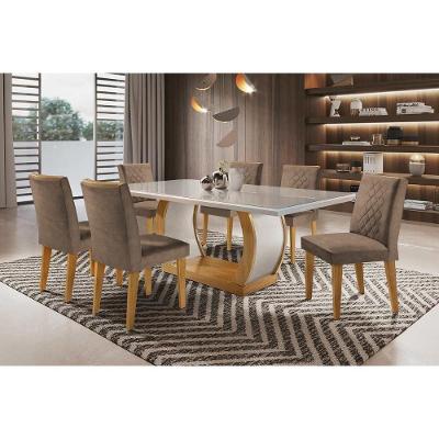 Conjunto: Mesa Sala Jantar Jade c/ Tampo Madeirado c/ Vidro Canto Curvo 180cm + 6 Cadeiras Jade Imbuia/Chocolate - Rufato