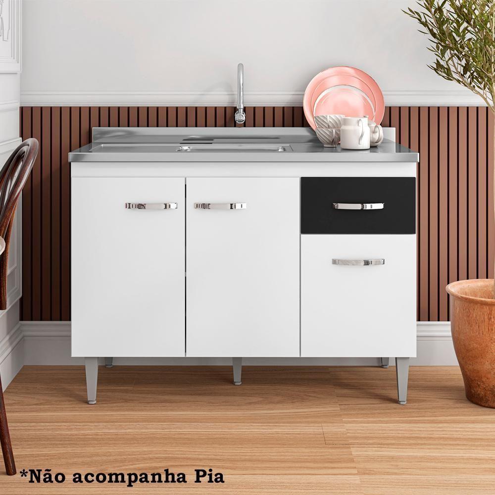 Balcao Para Pia 118 Cm 3 Portas Gabriela Branco Preto Flex Reajl Branco Preto Flex - 3