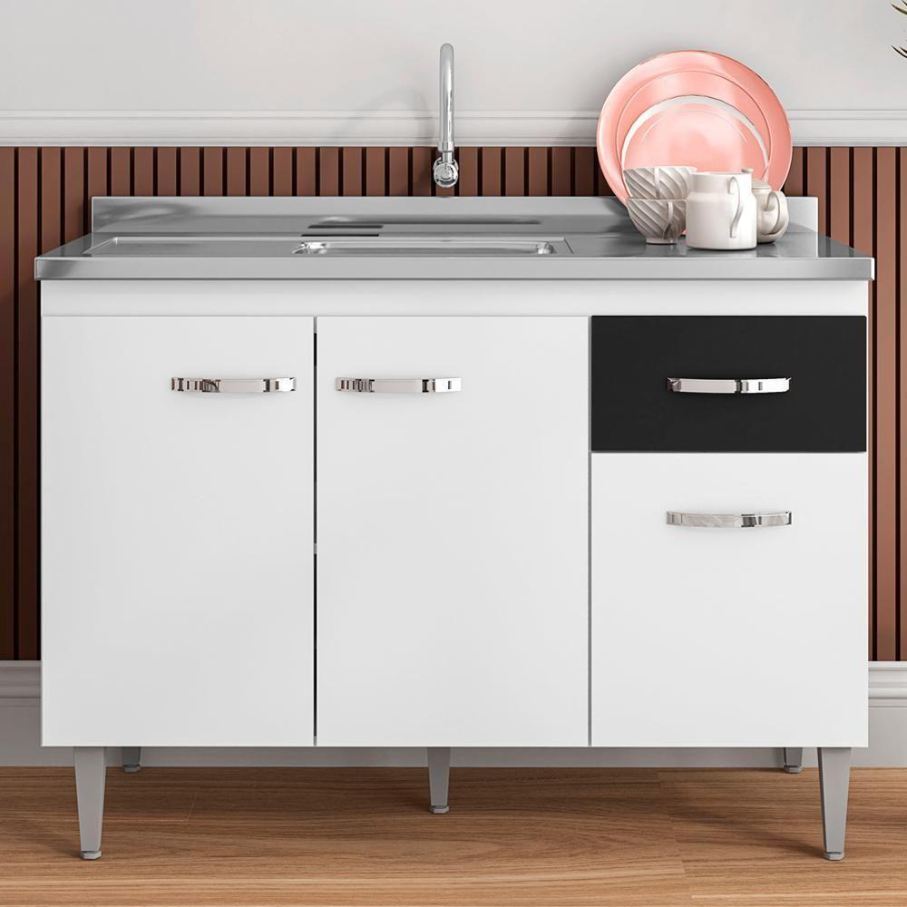 Balcao Para Pia 118 Cm 3 Portas Gabriela Branco Preto Flex Reajl Branco Preto Flex - 5
