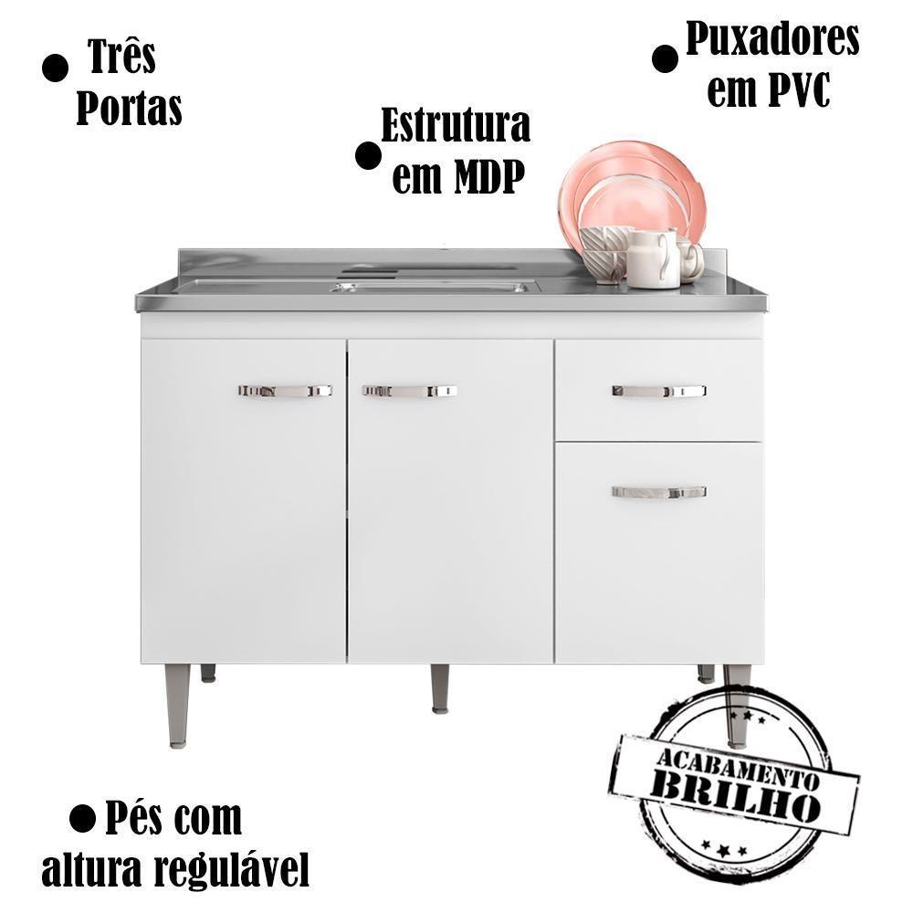 Balcao Para Pia 118 Cm 3 Portas Gabriela Branco Preto Flex Reajl Branco Preto Flex - 6